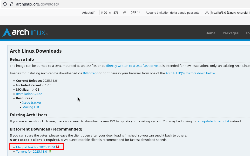 Téléchargement Arch en peer to peer