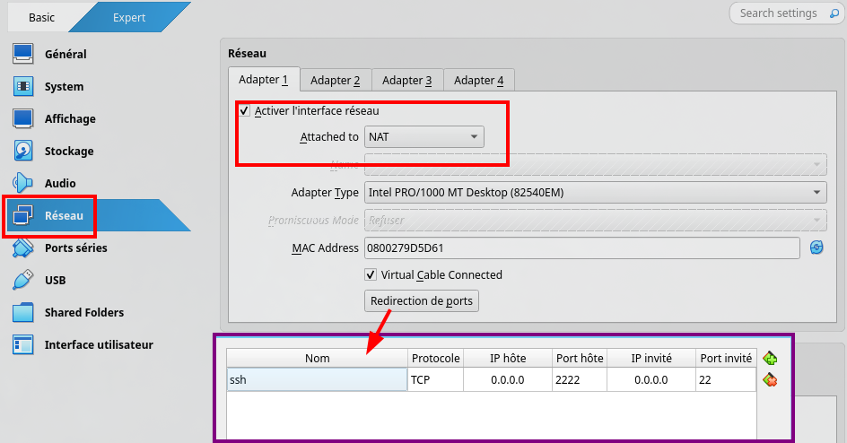 Configuration ssh sur virtualbox