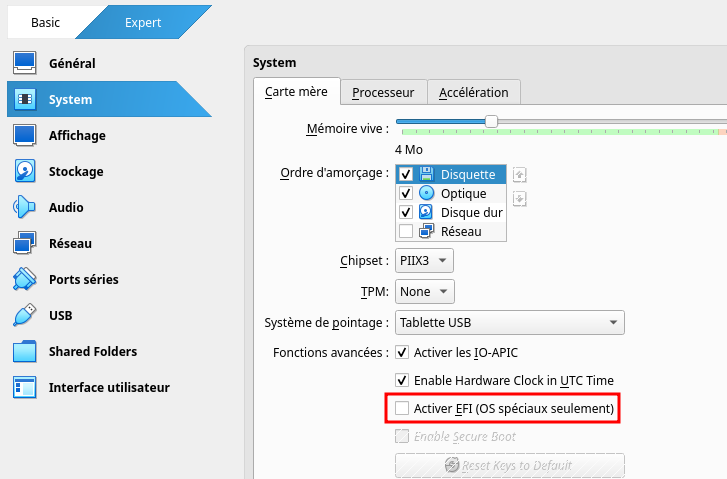 Choix BIOS ou UEFI dans VirtualBox